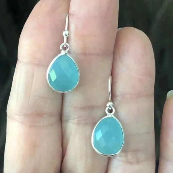 Baby Blue Chalcedony Beveled Teardrop 925 Sterling Silver Handmade Earrings NWT - Picture 1 of 3